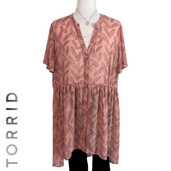 ❌SOLD❌Torrid Lexie Babydoll Chiffon Tunic Pink Feather Print Plus 2 18 to 20 2X - Picture 5 of 17